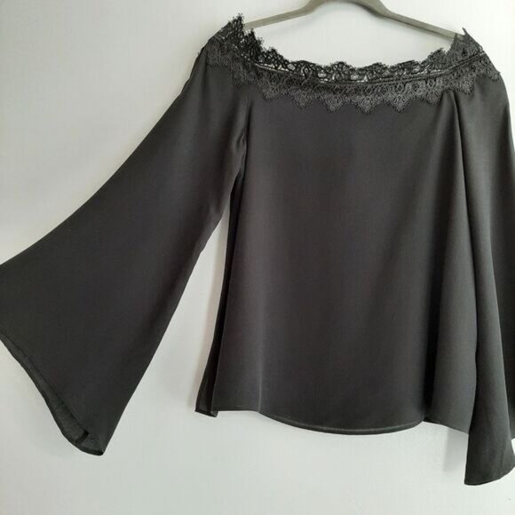 CAMI NYC / Silk Lace Trim Bell Sleeve A-Line Light Lined Blouse Top Black Sz M - Picture 7 of 14